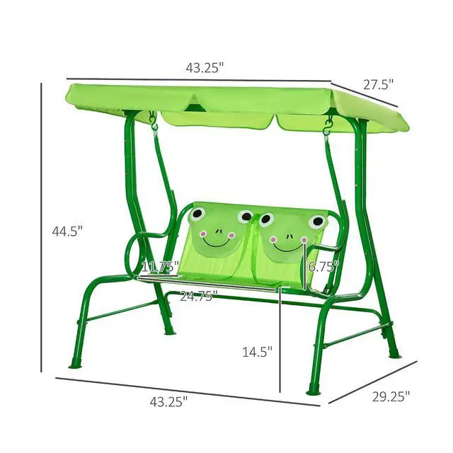 Alt view image 7 of 7 - Kids Patio Swing 2-Seater Adjustable Canopy Safety Belt Green | Outdoor, Monkey Pattern Hanging Swing Bench, Garden Backyard