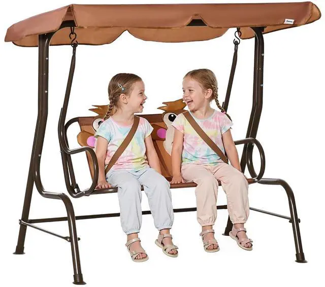 Main image of Kids Patio Swing 2-Seater Adjustable Canopy Safety Belt Coffee | Outdoor, Monkey Pattern Hanging Swing Bench, Garden Backyard