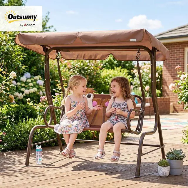 Alt view image 2 of 7 - Kids Patio Swing 2-Seater Adjustable Canopy Safety Belt Coffee | Outdoor, Monkey Pattern Hanging Swing Bench, Garden Backyard