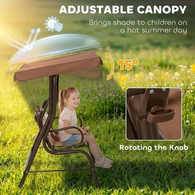 Alt view image 3 of 7 - Kids Patio Swing 2-Seater Adjustable Canopy Safety Belt Coffee | Outdoor, Monkey Pattern Hanging Swing Bench, Garden Backyard