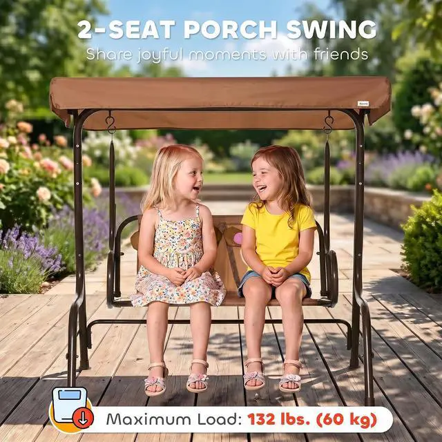 Alt view image 4 of 7 - Kids Patio Swing 2-Seater Adjustable Canopy Safety Belt Coffee | Outdoor, Monkey Pattern Hanging Swing Bench, Garden Backyard