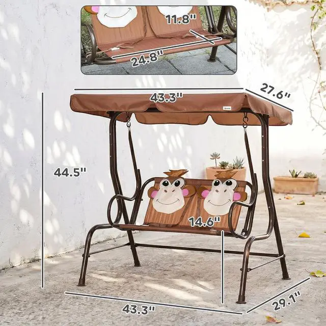 Alt view image 7 of 7 - Kids Patio Swing 2-Seater Adjustable Canopy Safety Belt Coffee | Outdoor, Monkey Pattern Hanging Swing Bench, Garden Backyard