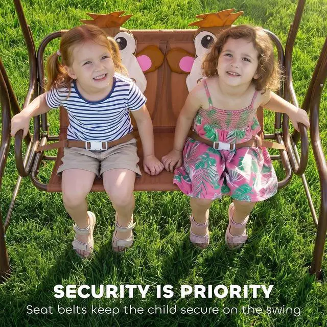 Alt view image 6 of 7 - Kids Patio Swing 2-Seater Adjustable Canopy Safety Belt Coffee | Outdoor, Monkey Pattern Hanging Swing Bench, Garden Backyard