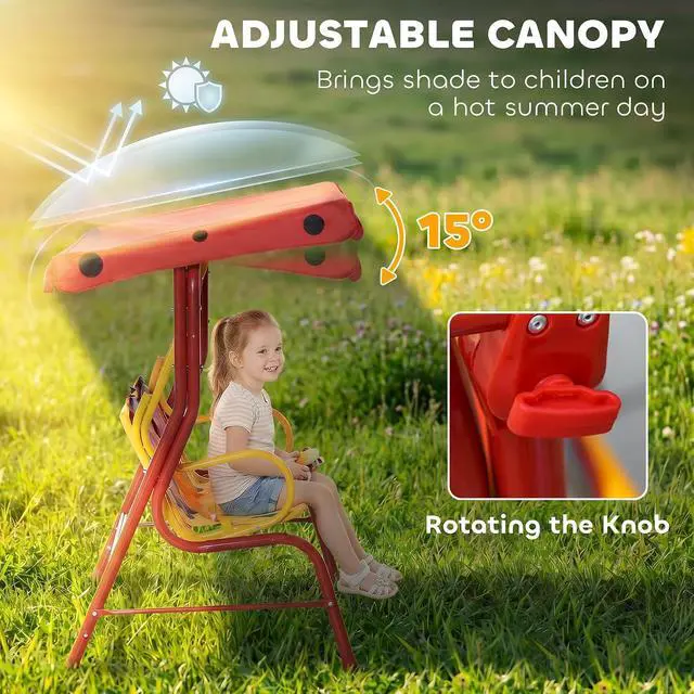 Alt view image 3 of 7 - Kids Patio Swing 2-Seater Adjustable Canopy Safety Belt Red | Outdoor, Monkey Pattern Hanging Swing Bench, Garden Backyard