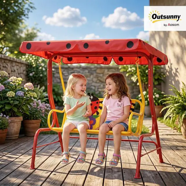 Alt view image 2 of 7 - Kids Patio Swing 2-Seater Adjustable Canopy Safety Belt Red | Outdoor, Monkey Pattern Hanging Swing Bench, Garden Backyard