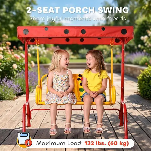 Alt view image 4 of 7 - Kids Patio Swing 2-Seater Adjustable Canopy Safety Belt Red | Outdoor, Monkey Pattern Hanging Swing Bench, Garden Backyard