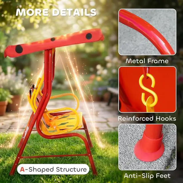 Alt view image 5 of 7 - Kids Patio Swing 2-Seater Adjustable Canopy Safety Belt Red | Outdoor, Monkey Pattern Hanging Swing Bench, Garden Backyard