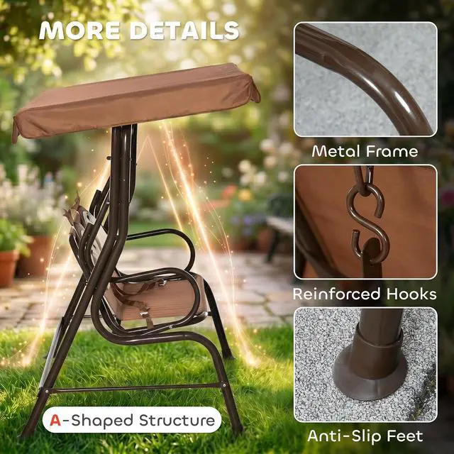 Alt view image 5 of 7 - Kids Patio Swing 2-Seater Adjustable Canopy Safety Belt Coffee | Outdoor, Monkey Pattern Hanging Swing Bench, Garden Backyard