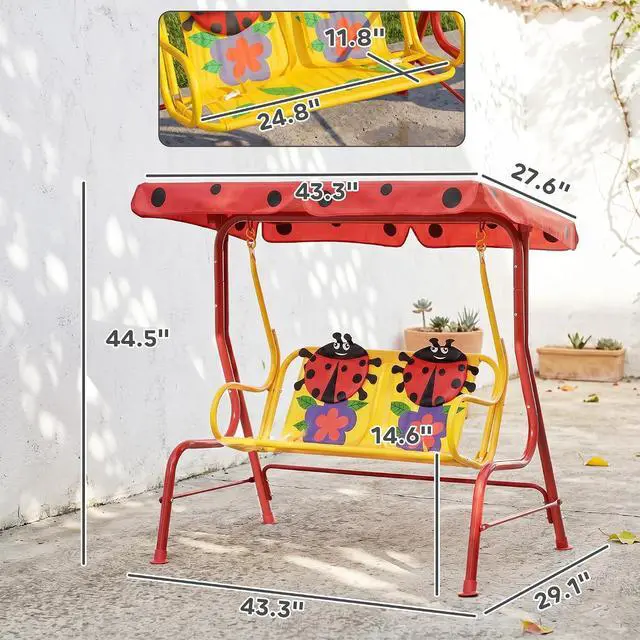 Alt view image 7 of 7 - Kids Patio Swing 2-Seater Adjustable Canopy Safety Belt Red | Outdoor, Monkey Pattern Hanging Swing Bench, Garden Backyard