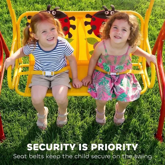 Alt view image 6 of 7 - Kids Patio Swing 2-Seater Adjustable Canopy Safety Belt Red | Outdoor, Monkey Pattern Hanging Swing Bench, Garden Backyard