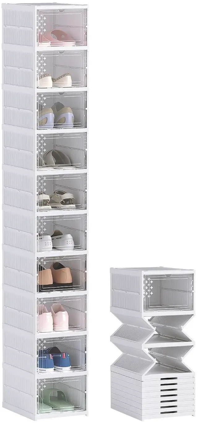 Main image of 10 Pack Foldable Shoe Organizer Plastic Fit up to US Size 10 White | No Assembly, Stackable Shoe Storage Box, Clear Door, Space Saving