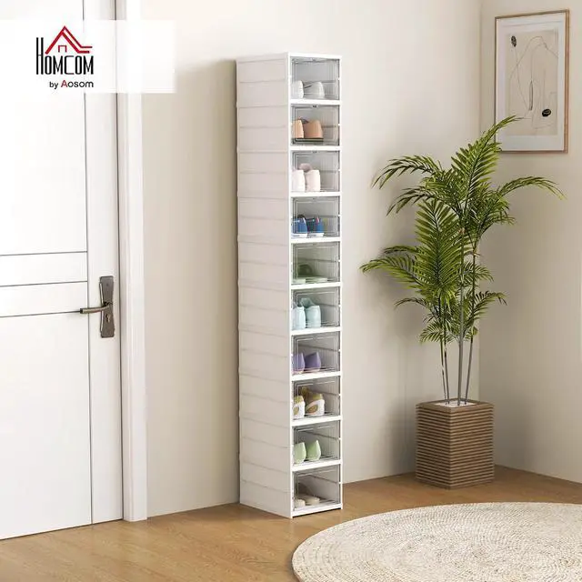 Alt view image 2 of 7 - 10 Pack Foldable Shoe Organizer Plastic Fit up to US Size 10 White | No Assembly, Stackable Shoe Storage Box, Clear Door, Space Saving