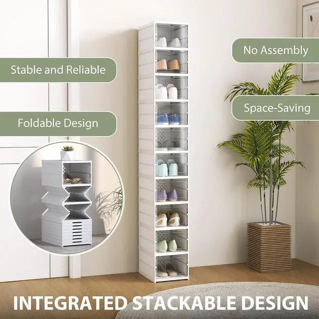 Alt view image 3 of 7 - 10 Pack Foldable Shoe Organizer Plastic Fit up to US Size 10 White | No Assembly, Stackable Shoe Storage Box, Clear Door, Space Saving