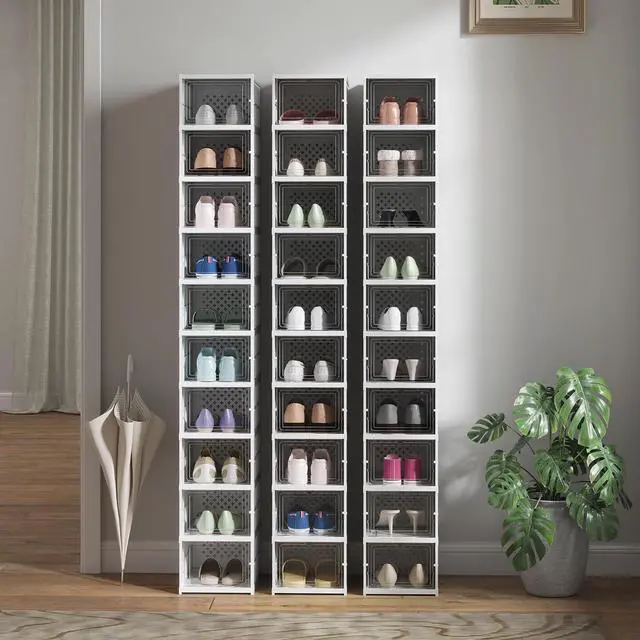 Alt view image 6 of 7 - 10 Pack Foldable Shoe Organizer Plastic Fit up to US Size 10 White | No Assembly, Stackable Shoe Storage Box, Clear Door, Space Saving