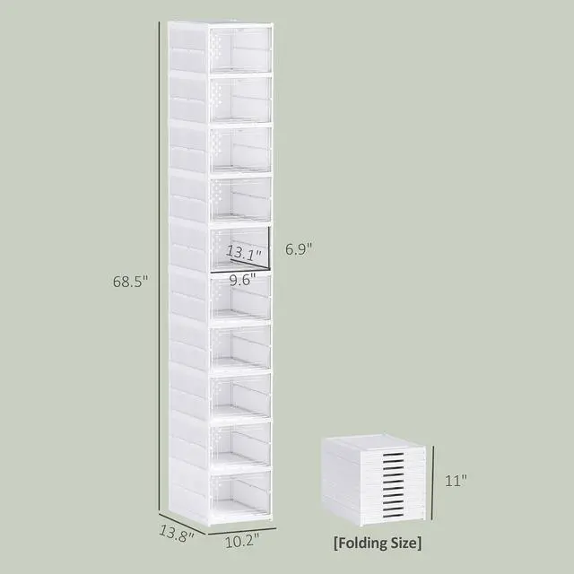 Alt view image 7 of 7 - 10 Pack Foldable Shoe Organizer Plastic Fit up to US Size 10 White | No Assembly, Stackable Shoe Storage Box, Clear Door, Space Saving