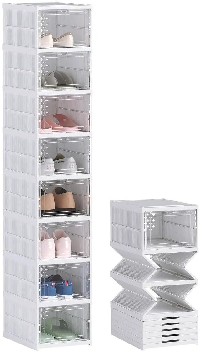 Main image of 8 Pack Foldable Shoe Organizer Plastic Fit up to US Size 10 White | No Assembly, Stackable Shoe Storage Box, Clear Door, Space Saving