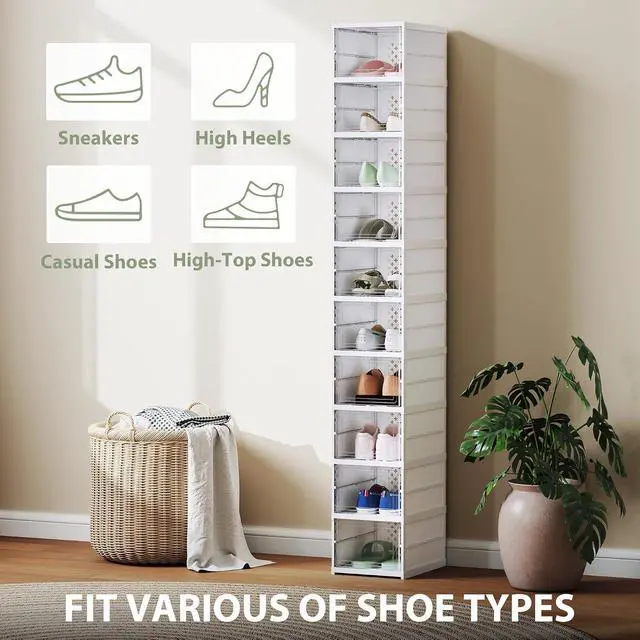 Alt view image 5 of 7 - 10 Pack Foldable Shoe Organizer Plastic Fit up to US Size 10 White | No Assembly, Stackable Shoe Storage Box, Clear Door, Space Saving