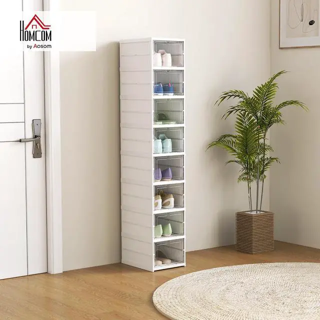 Alt view image 2 of 7 - 8 Pack Foldable Shoe Organizer Plastic Fit up to US Size 10 White | No Assembly, Stackable Shoe Storage Box, Clear Door, Space Saving