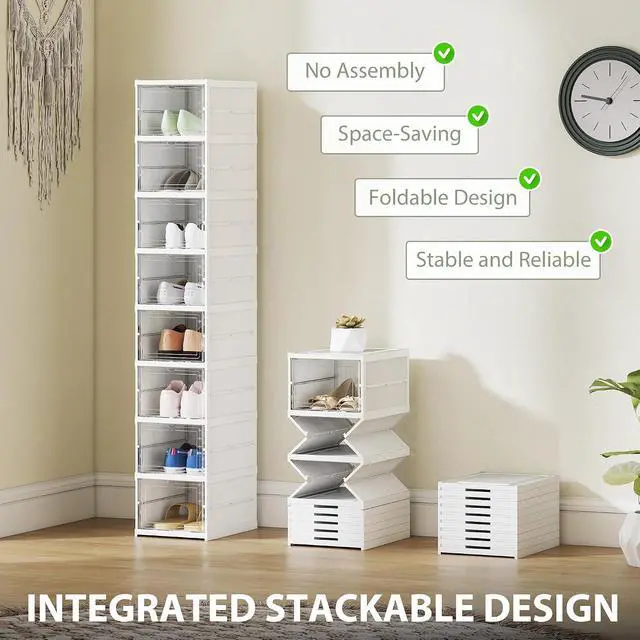 Alt view image 3 of 7 - 8 Pack Foldable Shoe Organizer Plastic Fit up to US Size 10 White | No Assembly, Stackable Shoe Storage Box, Clear Door, Space Saving