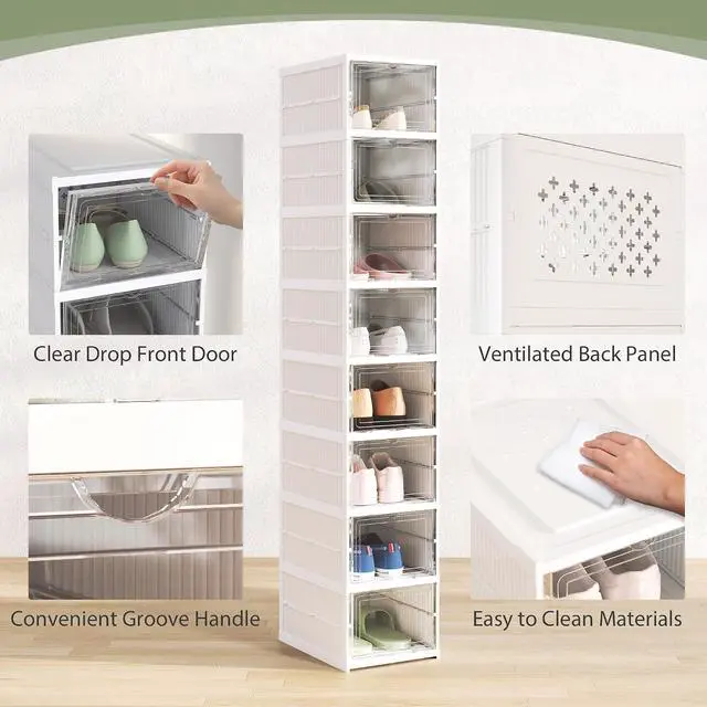 Alt view image 4 of 7 - 8 Pack Foldable Shoe Organizer Plastic Fit up to US Size 10 White | No Assembly, Stackable Shoe Storage Box, Clear Door, Space Saving