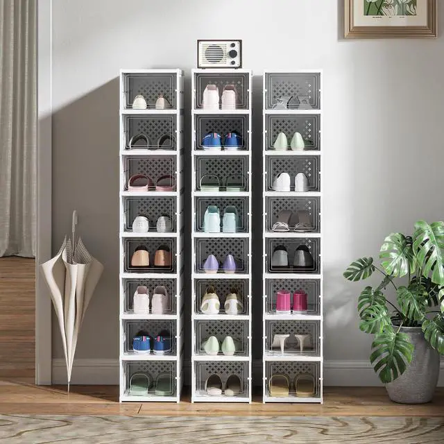 Alt view image 6 of 7 - 8 Pack Foldable Shoe Organizer Plastic Fit up to US Size 10 White | No Assembly, Stackable Shoe Storage Box, Clear Door, Space Saving