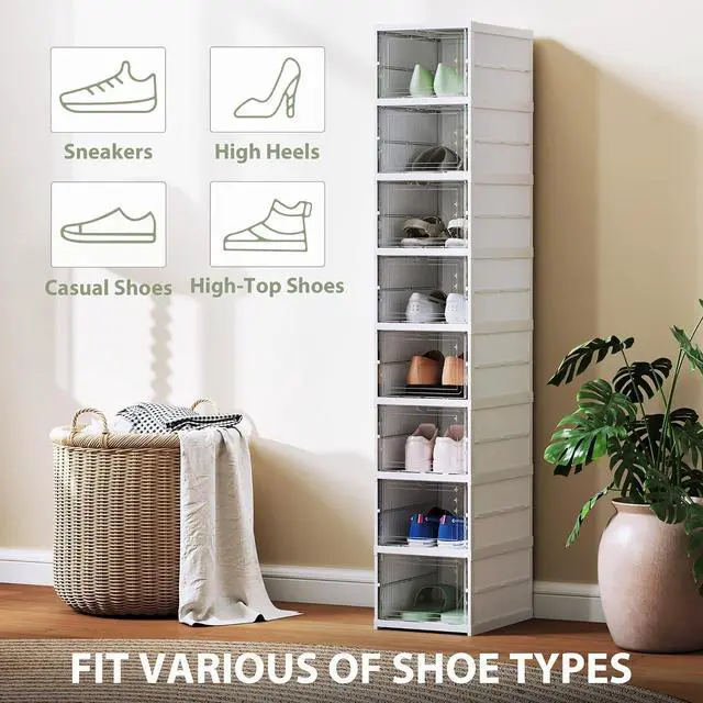 Alt view image 5 of 7 - 8 Pack Foldable Shoe Organizer Plastic Fit up to US Size 10 White | No Assembly, Stackable Shoe Storage Box, Clear Door, Space Saving