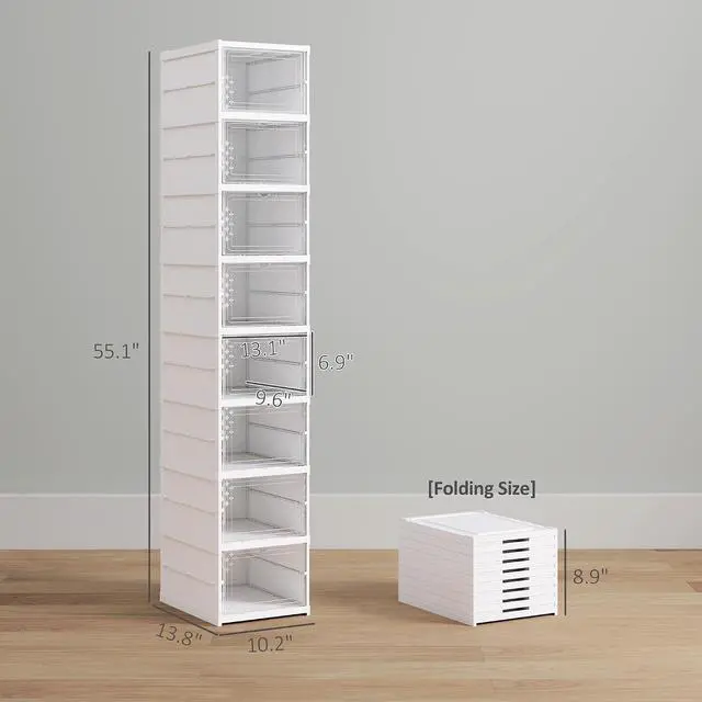 Alt view image 7 of 7 - 8 Pack Foldable Shoe Organizer Plastic Fit up to US Size 10 White | No Assembly, Stackable Shoe Storage Box, Clear Door, Space Saving