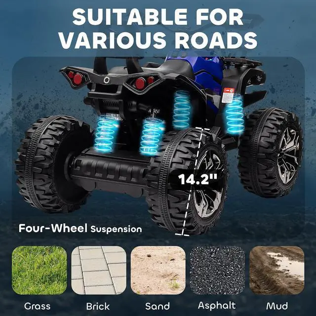 Alt view image 4 of 7 - 12V Ride on ATV with Four-Wheel Suspension, 5 MPH Max, Blue | 4 Wheeler, Electric Quad, Dual Motors, Soft Start, Treaded Tires, Backrest, Music, USB, MP3, LED Lights for Boys Girls