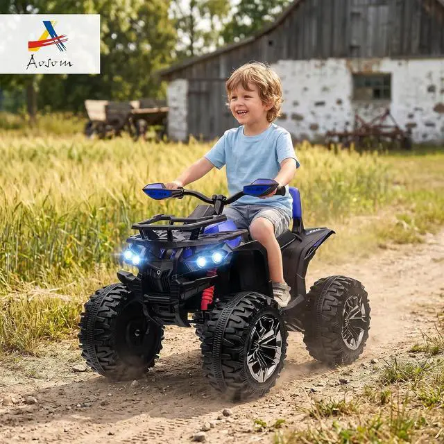 Alt view image 2 of 7 - 12V Ride on ATV with Four-Wheel Suspension, 5 MPH Max, Blue | 4 Wheeler, Electric Quad, Dual Motors, Soft Start, Treaded Tires, Backrest, Music, USB, MP3, LED Lights for Boys Girls