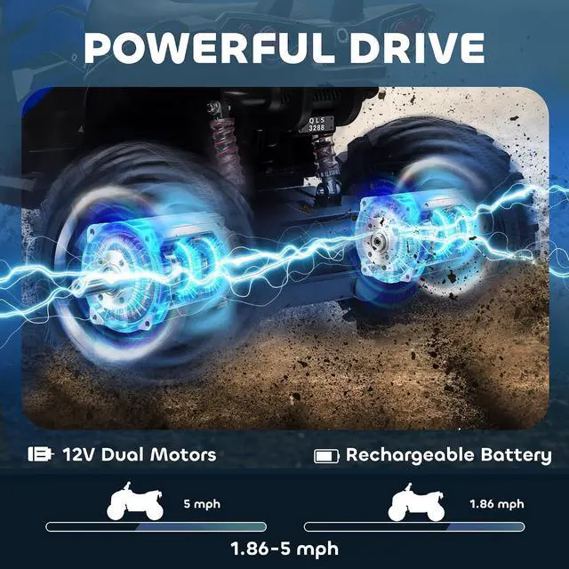 Alt view image 3 of 7 - 12V Ride on ATV with Four-Wheel Suspension, 5 MPH Max, Blue | 4 Wheeler, Electric Quad, Dual Motors, Soft Start, Treaded Tires, Backrest, Music, USB, MP3, LED Lights for Boys Girls