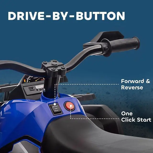 Alt view image 6 of 7 - 12V Ride on ATV with Four-Wheel Suspension, 5 MPH Max, Blue | 4 Wheeler, Electric Quad, Dual Motors, Soft Start, Treaded Tires, Backrest, Music, USB, MP3, LED Lights for Boys Girls
