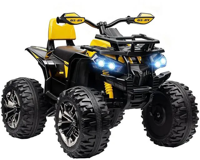 Main image of 12V Ride on ATV with Four-Wheel Suspension, 5 MPH Max, Yellow | 4 Wheeler, Electric Quad, Dual Motors, Soft Start, Treaded Tires, Backrest, Music, USB, MP3, LED Lights for Boys Girls