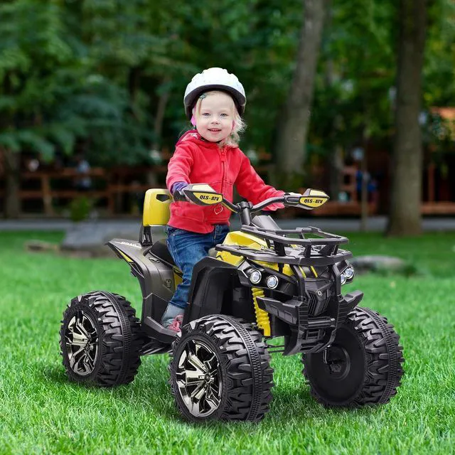 Alt view image 2 of 7 - 12V Ride on ATV with Four-Wheel Suspension, 5 MPH Max, Yellow | 4 Wheeler, Electric Quad, Dual Motors, Soft Start, Treaded Tires, Backrest, Music, USB, MP3, LED Lights for Boys Girls