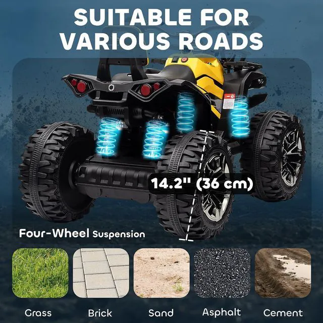 Alt view image 4 of 7 - 12V Ride on ATV with Four-Wheel Suspension, 5 MPH Max, Yellow | 4 Wheeler, Electric Quad, Dual Motors, Soft Start, Treaded Tires, Backrest, Music, USB, MP3, LED Lights for Boys Girls