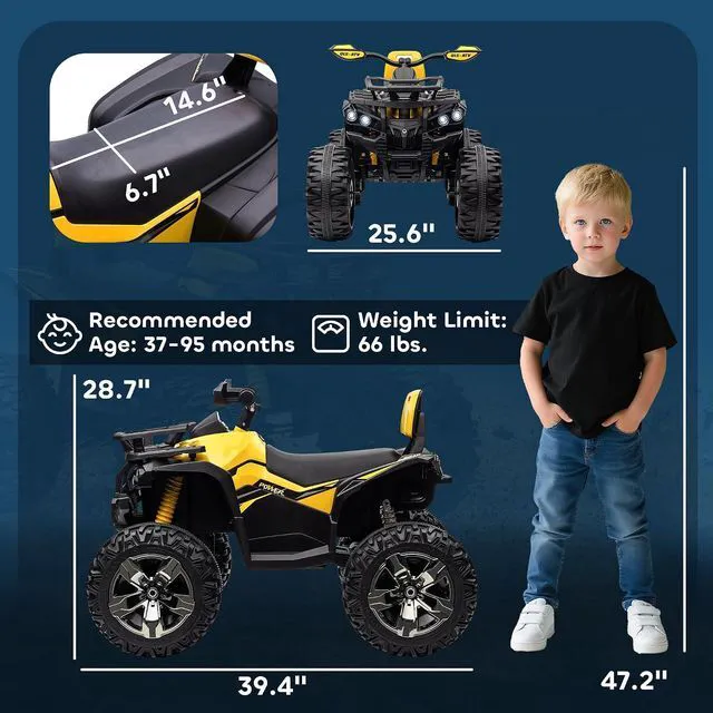 Alt view image 7 of 7 - 12V Ride on ATV with Four-Wheel Suspension, 5 MPH Max, Yellow | 4 Wheeler, Electric Quad, Dual Motors, Soft Start, Treaded Tires, Backrest, Music, USB, MP3, LED Lights for Boys Girls