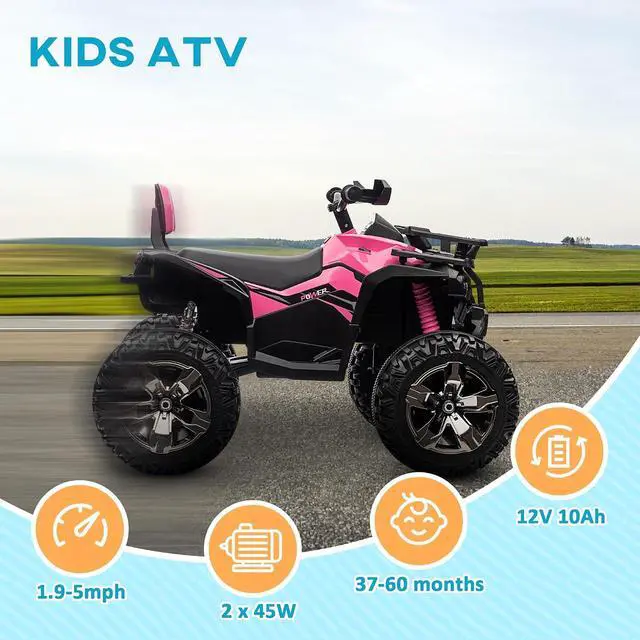 Alt view image 3 of 7 - 12V Ride on ATV with Four-Wheel Suspension, 5 MPH Max, Pink | 4 Wheeler, Electric Quad, Dual Motors, Soft Start, Treaded Tires, Backrest, Music, USB, MP3, LED Lights for Boys Girls