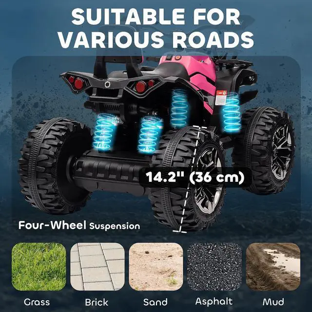 Alt view image 4 of 7 - 12V Ride on ATV with Four-Wheel Suspension, 5 MPH Max, Pink | 4 Wheeler, Electric Quad, Dual Motors, Soft Start, Treaded Tires, Backrest, Music, USB, MP3, LED Lights for Boys Girls