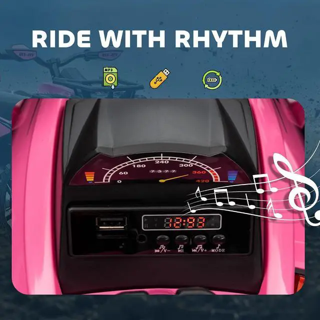 Alt view image 5 of 7 - 12V Ride on ATV with Four-Wheel Suspension, 5 MPH Max, Pink | 4 Wheeler, Electric Quad, Dual Motors, Soft Start, Treaded Tires, Backrest, Music, USB, MP3, LED Lights for Boys Girls