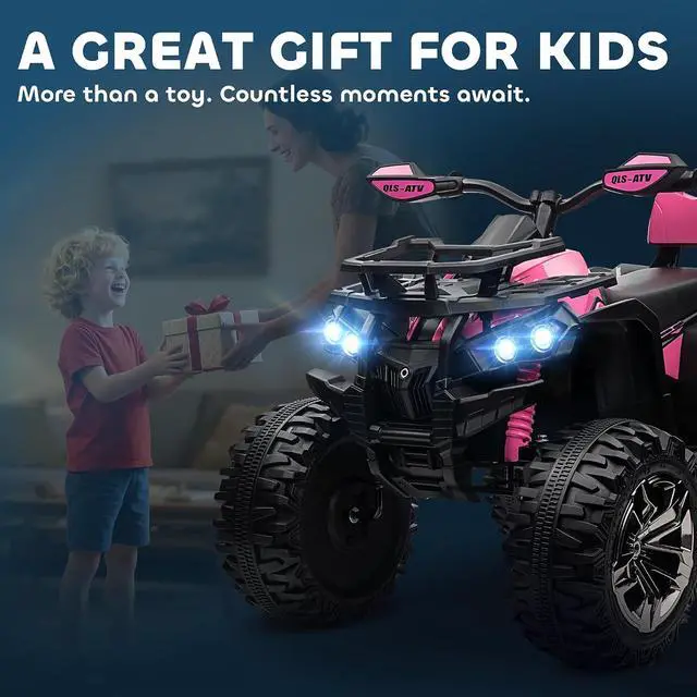 Alt view image 7 of 7 - 12V Ride on ATV with Four-Wheel Suspension, 5 MPH Max, Pink | 4 Wheeler, Electric Quad, Dual Motors, Soft Start, Treaded Tires, Backrest, Music, USB, MP3, LED Lights for Boys Girls