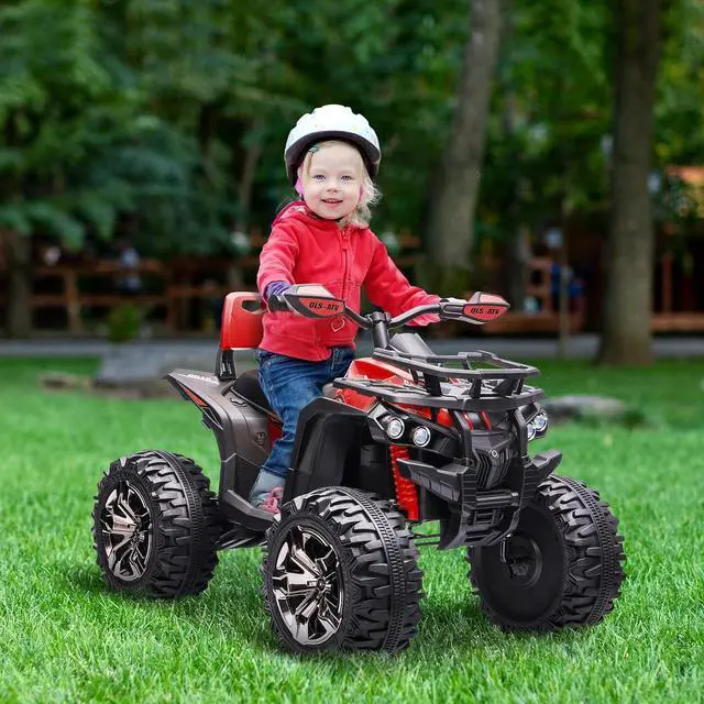 Alt view image 2 of 7 - 12V Ride on ATV with Four-Wheel Suspension, 5 MPH Max, Red | 4 Wheeler, Electric Quad, Dual Motors, Soft Start, Treaded Tires, Backrest, Music, USB, MP3, LED Lights for Boys Girls