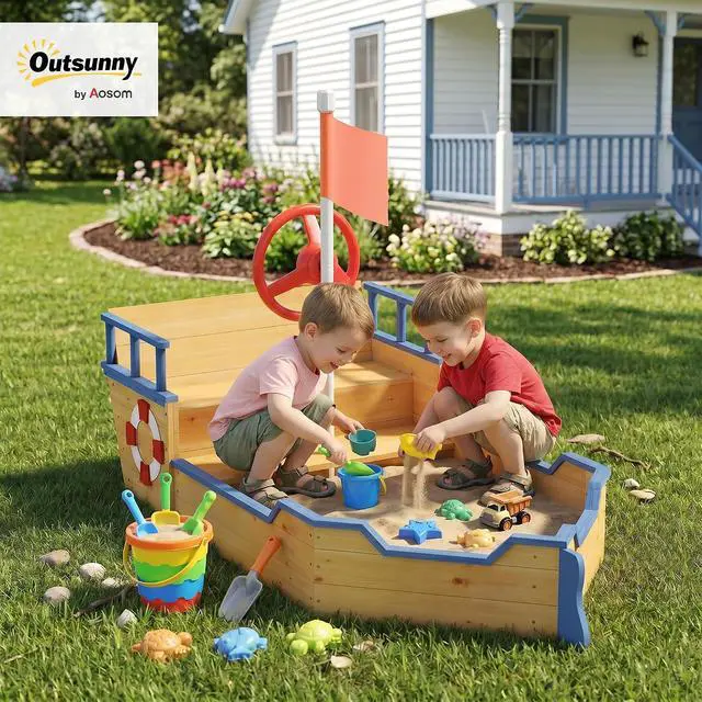 Alt view image 2 of 7 - Wooden Kids Sandbox Ship-Shape Outdoor Sandboat Natural Wood | Canopy, Bench Seats, Storage, Non-Woven Fabric Cloth, Backyard, Lawn
