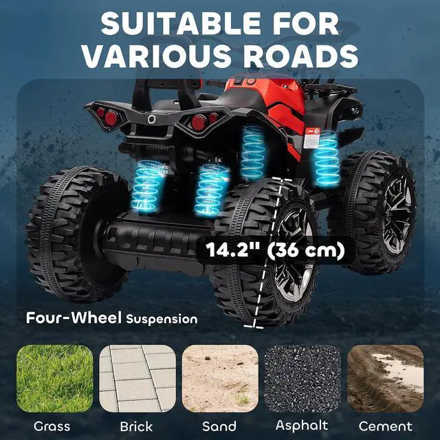 Alt view image 4 of 7 - 12V Ride on ATV with Four-Wheel Suspension, 5 MPH Max, Red | 4 Wheeler, Electric Quad, Dual Motors, Soft Start, Treaded Tires, Backrest, Music, USB, MP3, LED Lights for Boys Girls