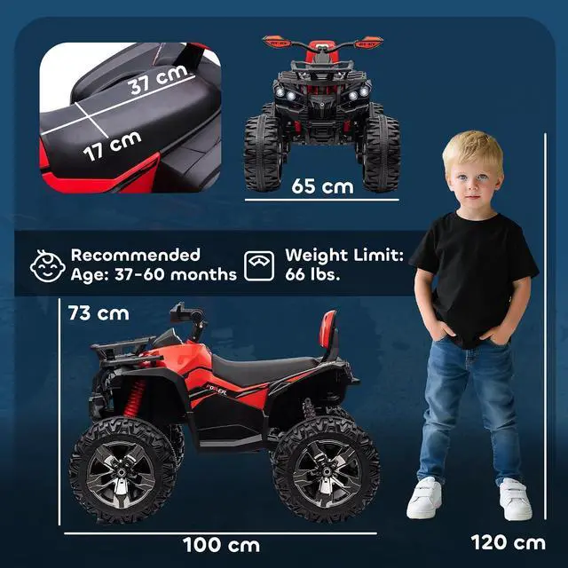 Alt view image 7 of 7 - 12V Ride on ATV with Four-Wheel Suspension, 5 MPH Max, Red | 4 Wheeler, Electric Quad, Dual Motors, Soft Start, Treaded Tires, Backrest, Music, USB, MP3, LED Lights for Boys Girls