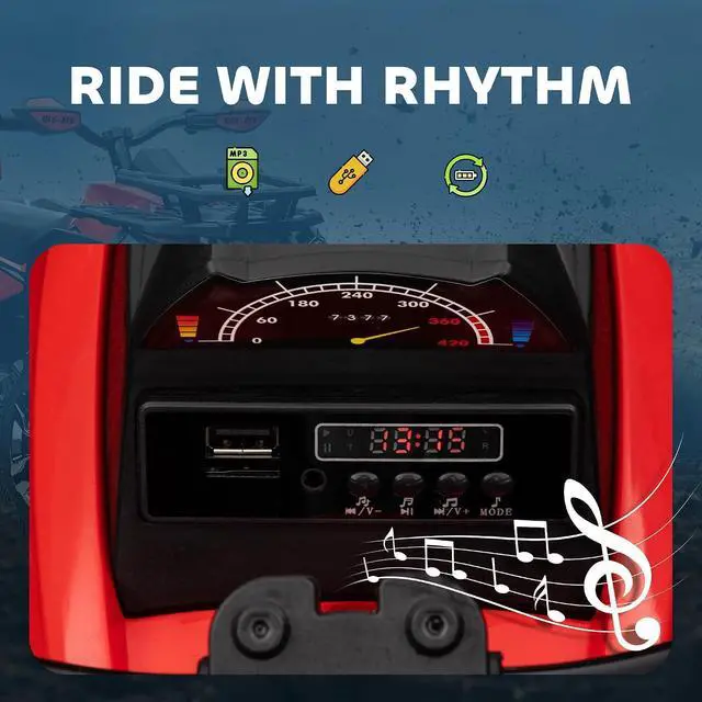 Alt view image 5 of 7 - 12V Ride on ATV with Four-Wheel Suspension, 5 MPH Max, Red | 4 Wheeler, Electric Quad, Dual Motors, Soft Start, Treaded Tires, Backrest, Music, USB, MP3, LED Lights for Boys Girls