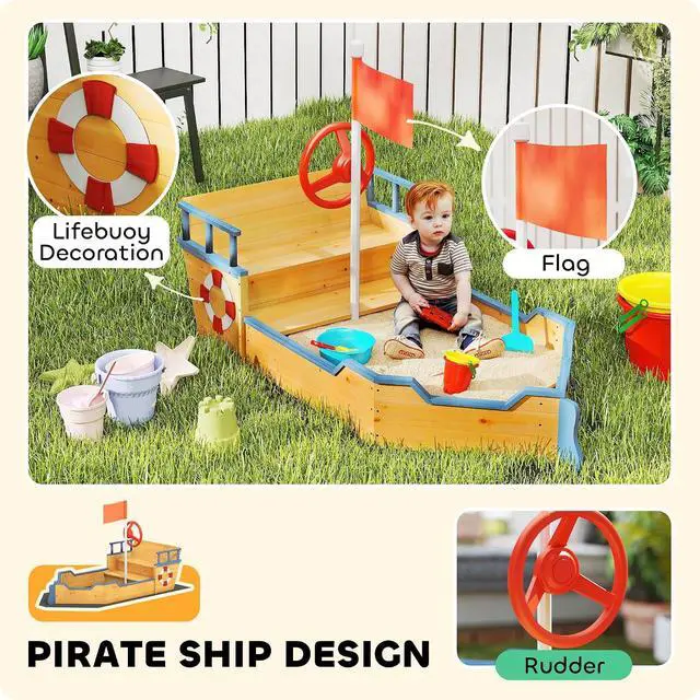 Alt view image 3 of 7 - Wooden Kids Sandbox Ship-Shape Outdoor Sandboat Natural Wood | Canopy, Bench Seats, Storage, Non-Woven Fabric Cloth, Backyard, Lawn