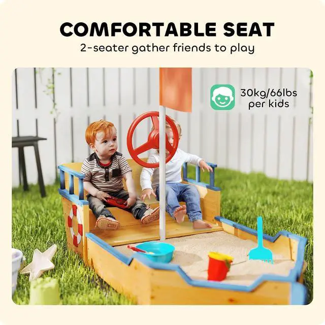 Alt view image 4 of 7 - Wooden Kids Sandbox Ship-Shape Outdoor Sandboat Natural Wood | Canopy, Bench Seats, Storage, Non-Woven Fabric Cloth, Backyard, Lawn