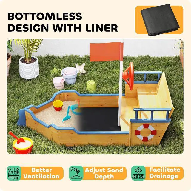 Alt view image 5 of 7 - Wooden Kids Sandbox Ship-Shape Outdoor Sandboat Natural Wood | Canopy, Bench Seats, Storage, Non-Woven Fabric Cloth, Backyard, Lawn