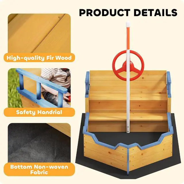 Alt view image 6 of 7 - Wooden Kids Sandbox Ship-Shape Outdoor Sandboat Natural Wood | Canopy, Bench Seats, Storage, Non-Woven Fabric Cloth, Backyard, Lawn