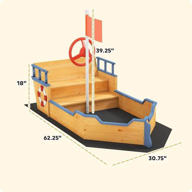 Alt view image 7 of 7 - Wooden Kids Sandbox Ship-Shape Outdoor Sandboat Natural Wood | Canopy, Bench Seats, Storage, Non-Woven Fabric Cloth, Backyard, Lawn