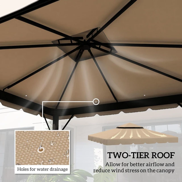 Alt view image 4 of 7 - 10' x 10' Gazebo Replacement Canopy Double Vented Roof Khaki | Gazebo Top Cover, for Outsunny 9.7' x 9.7' Frame, Garden Patio Outdoor, TOP ONLY